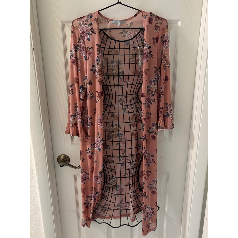 Sweet Rain Floral Open Front Mesh Duster Kimono Cardigan Sz L Cottagecore Boho